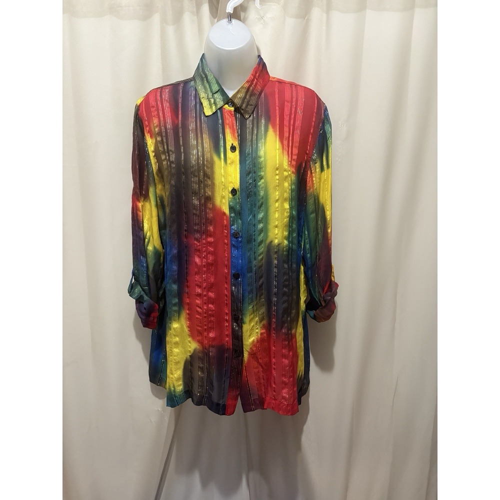 Chico's Silk Metallic Multicolor Striped Button Front Long Sleeve Blouse Size 1